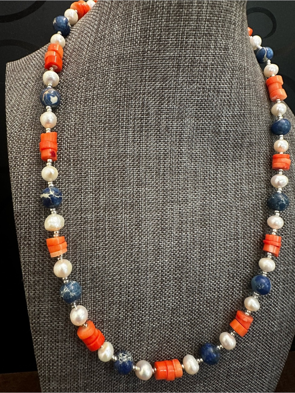 Blue Sodalite, White Pearls & Orange Coral Bead Statement Necklace